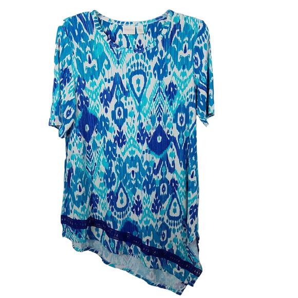 Chicos Top Asymmetrical Crochet-Hem Ikat Tunic Turquoise Blue Size 1 Medium - Picture 4 of 11